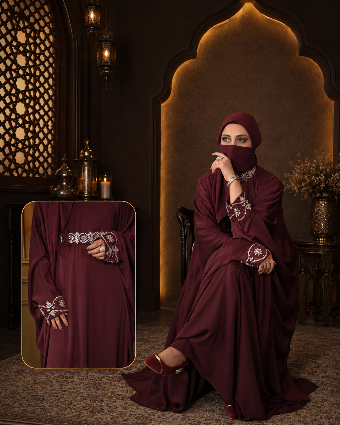 Laylat Ul Uroos Maroon TikTok Nida Stone Handwork Abaya — view 3