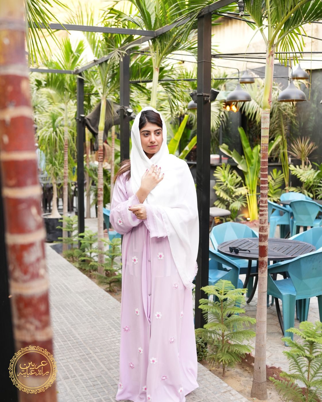 Zahrat Al-Fajr Light Purple Abaya – Handmade White Cut Work with Matching Hijab — view 6