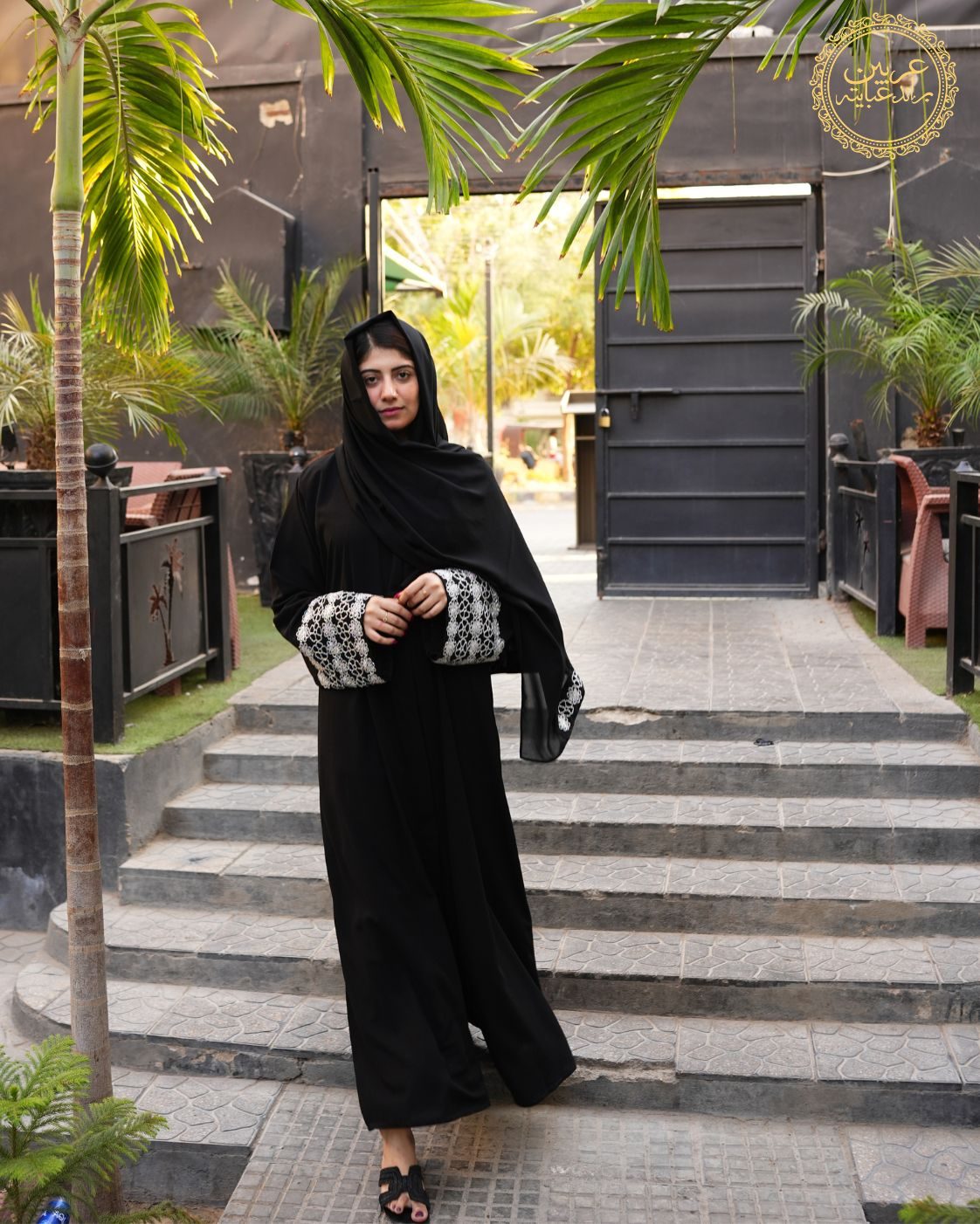 Rania Al-Aswad Luxury Abaya – Original NIDA Fabric with Handmade Cut Work & Black Chiffon Hijab — view 4