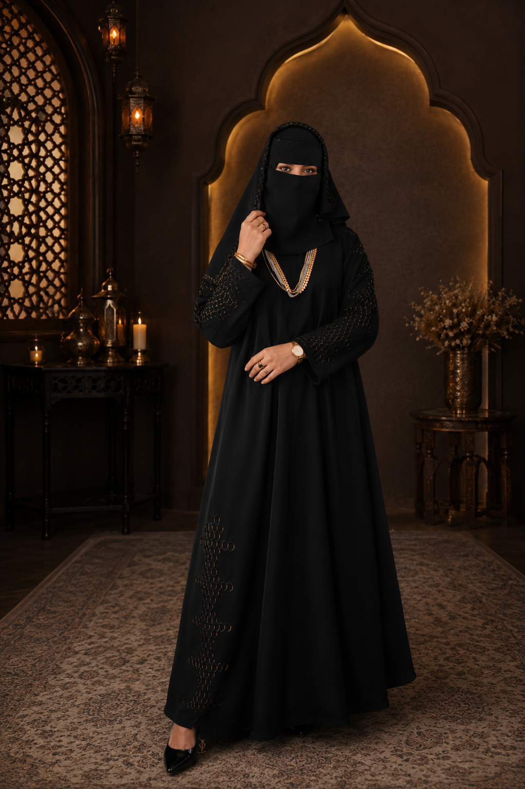 Layl Al-Dhahab Black Korean Nida Handwork Abaya with Matching Hijab — view 3