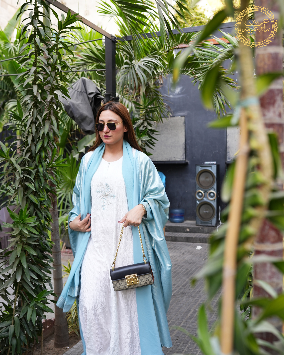 Noor Al-Bahar Luxury Abaya – Sky Blue Shimmer Top with White Crunch Inner — view 8