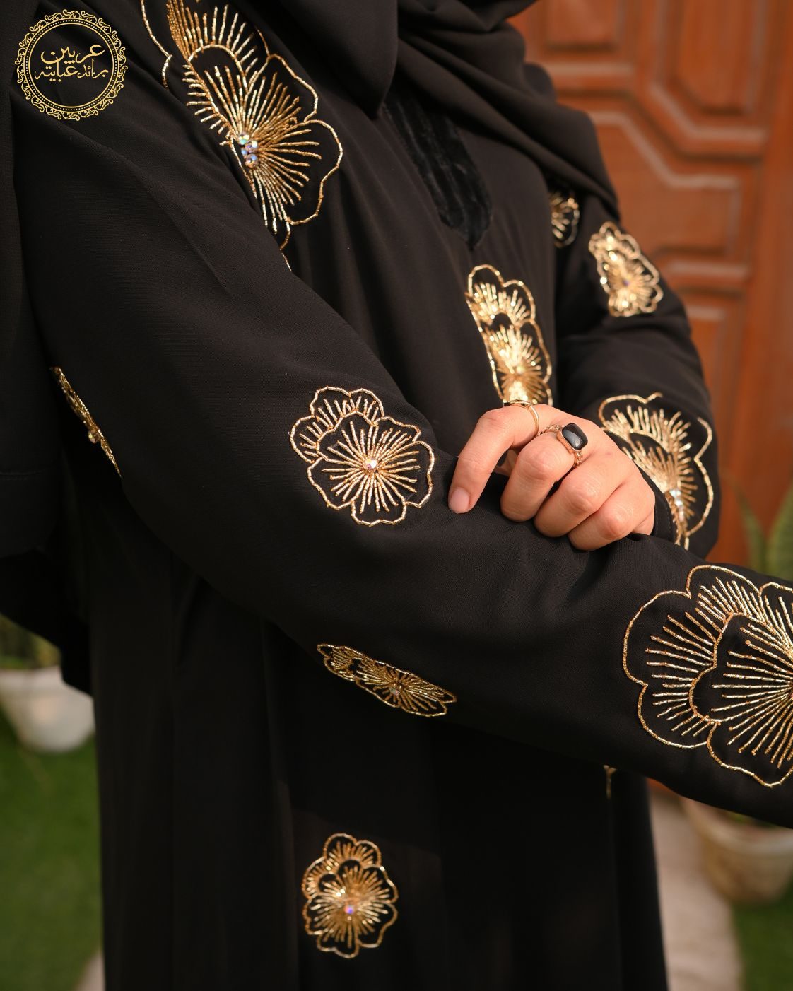Zahrat Al-Dhahab Black Korean Nida Gold Handwork Abaya — view 4