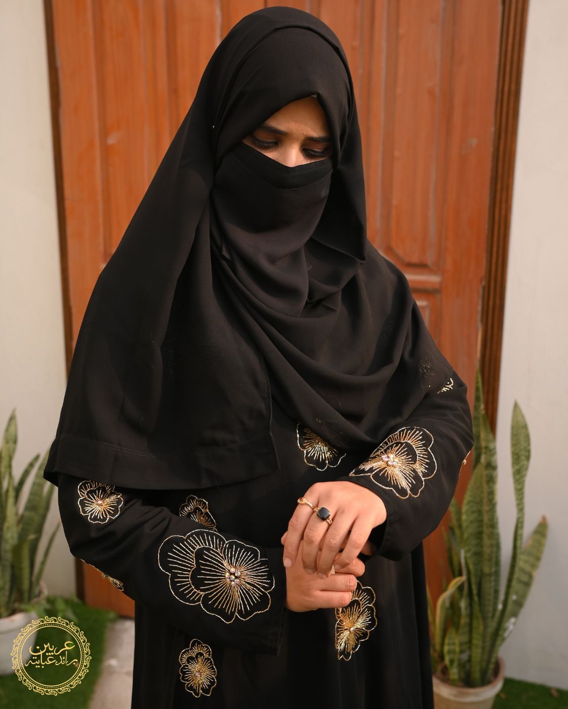 Zahrat Al-Dhahab Black Korean Nida Gold Handwork Abaya — view 3