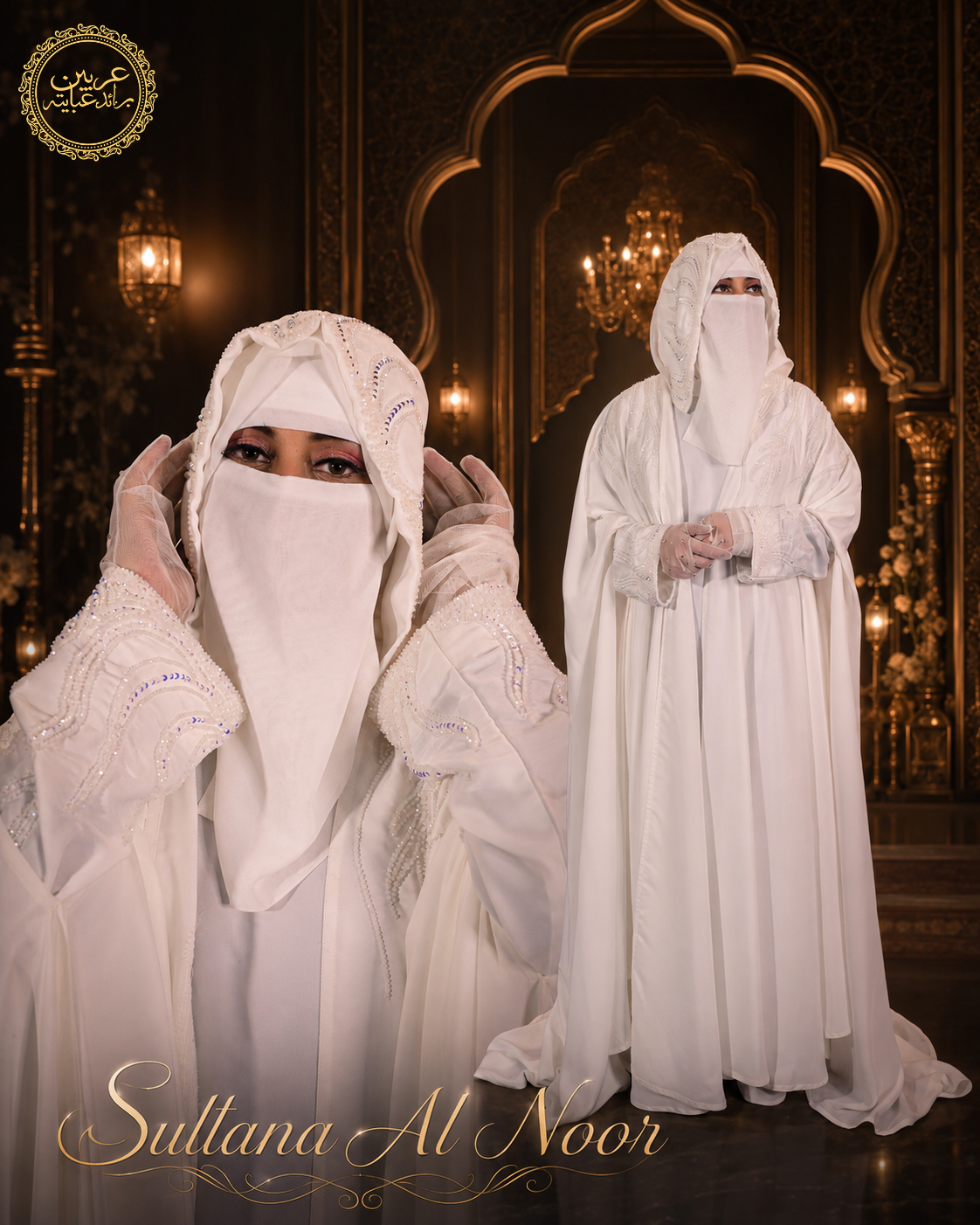 Sultana Al Noor White Korean Nida Crystal Handwork Abaya with Chiffon Hijab