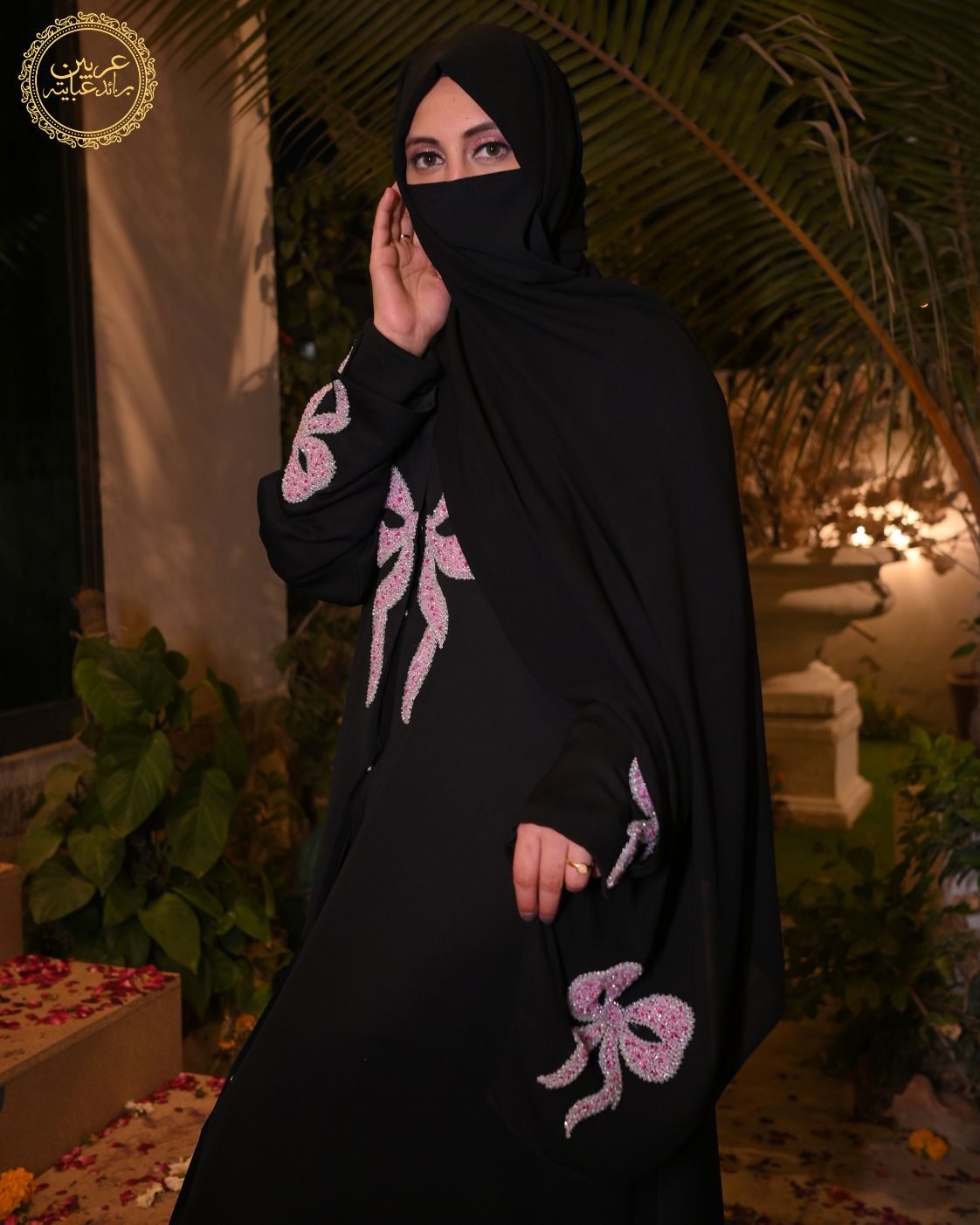 Ribaan Al-Layl Black Korean Nida Pink Crystal Handwork Abaya with Matching Hijab — view 5