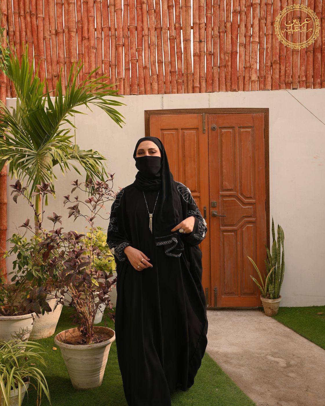 Zarqa Black Korean Nida Cutwork Handwork Abaya with Chiffon Hijab — view 3