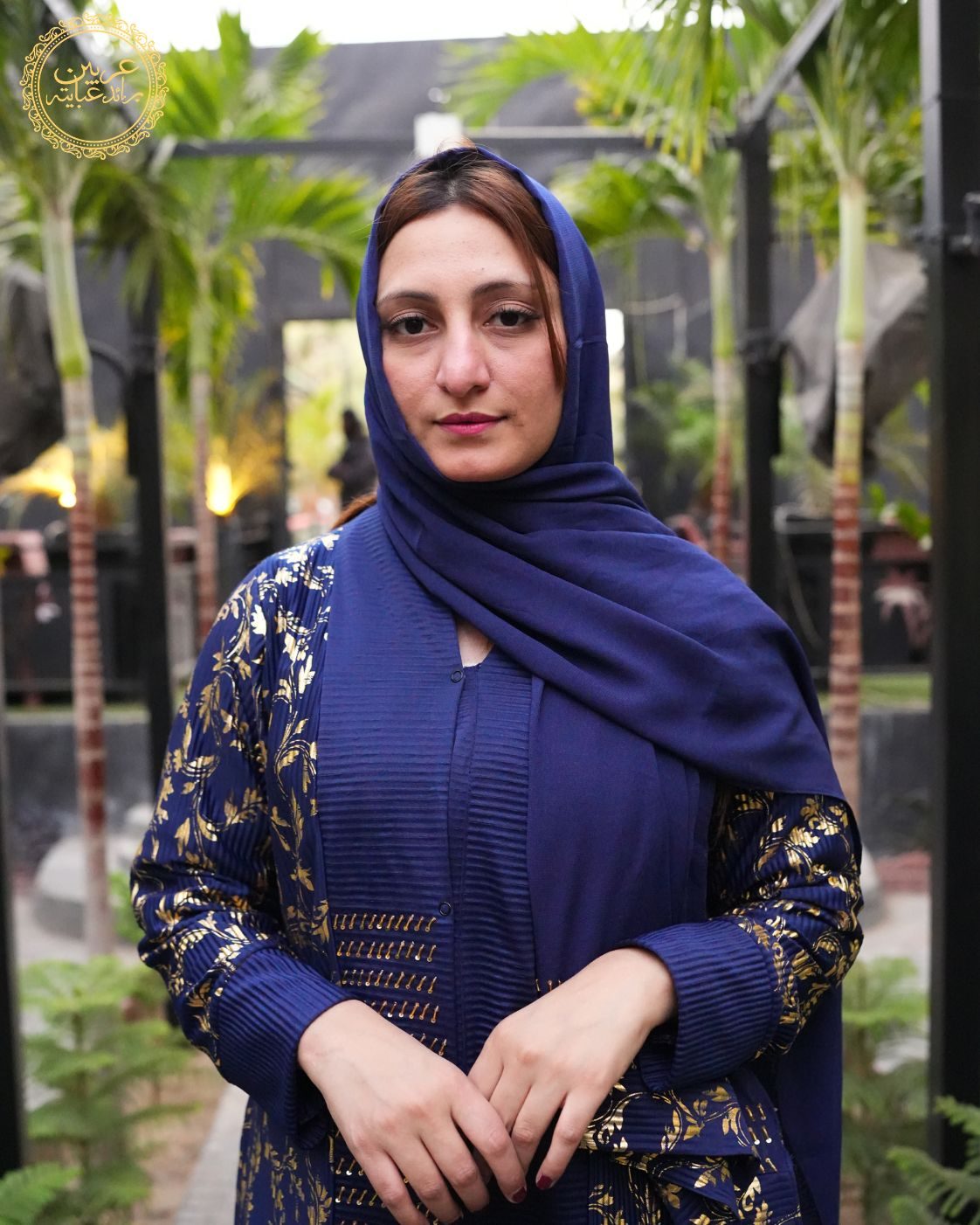 Malak Al-Samaa Luxury Abaya – Navy Blue Gold Crunch Design with Handmade Cut Work — view 6