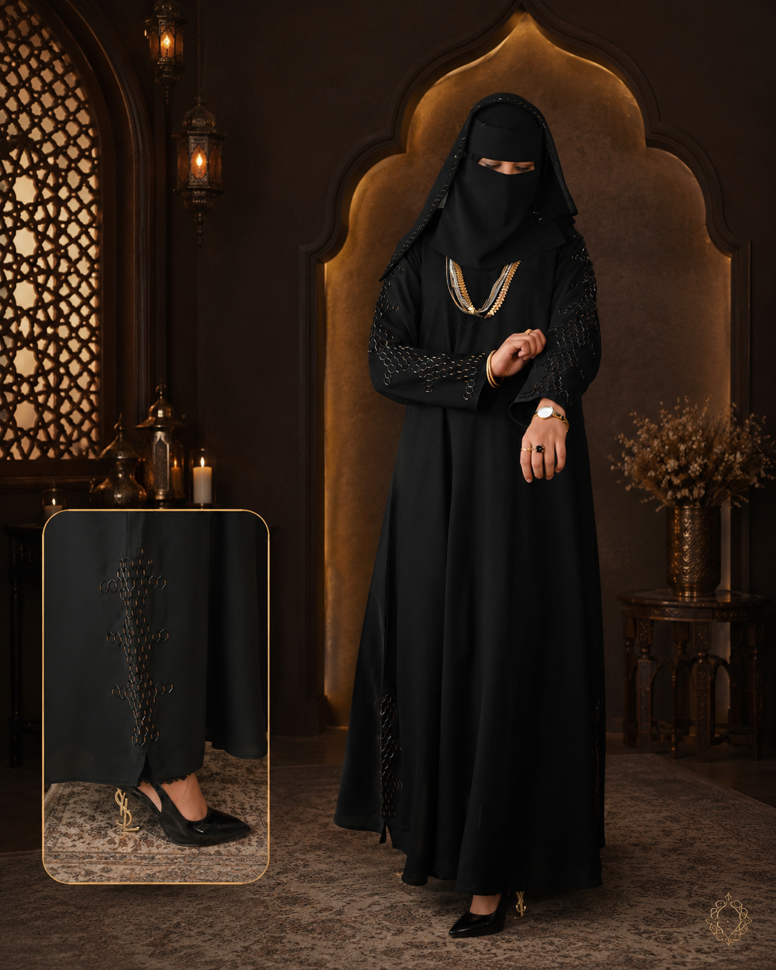 Layl Al-Dhahab Black Korean Nida Handwork Abaya with Matching Hijab — view 2