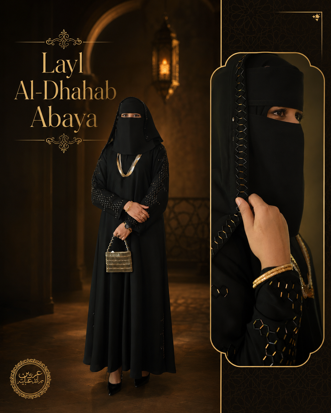 Layl Al-Dhahab Black Korean Nida Handwork Abaya with Matching Hijab