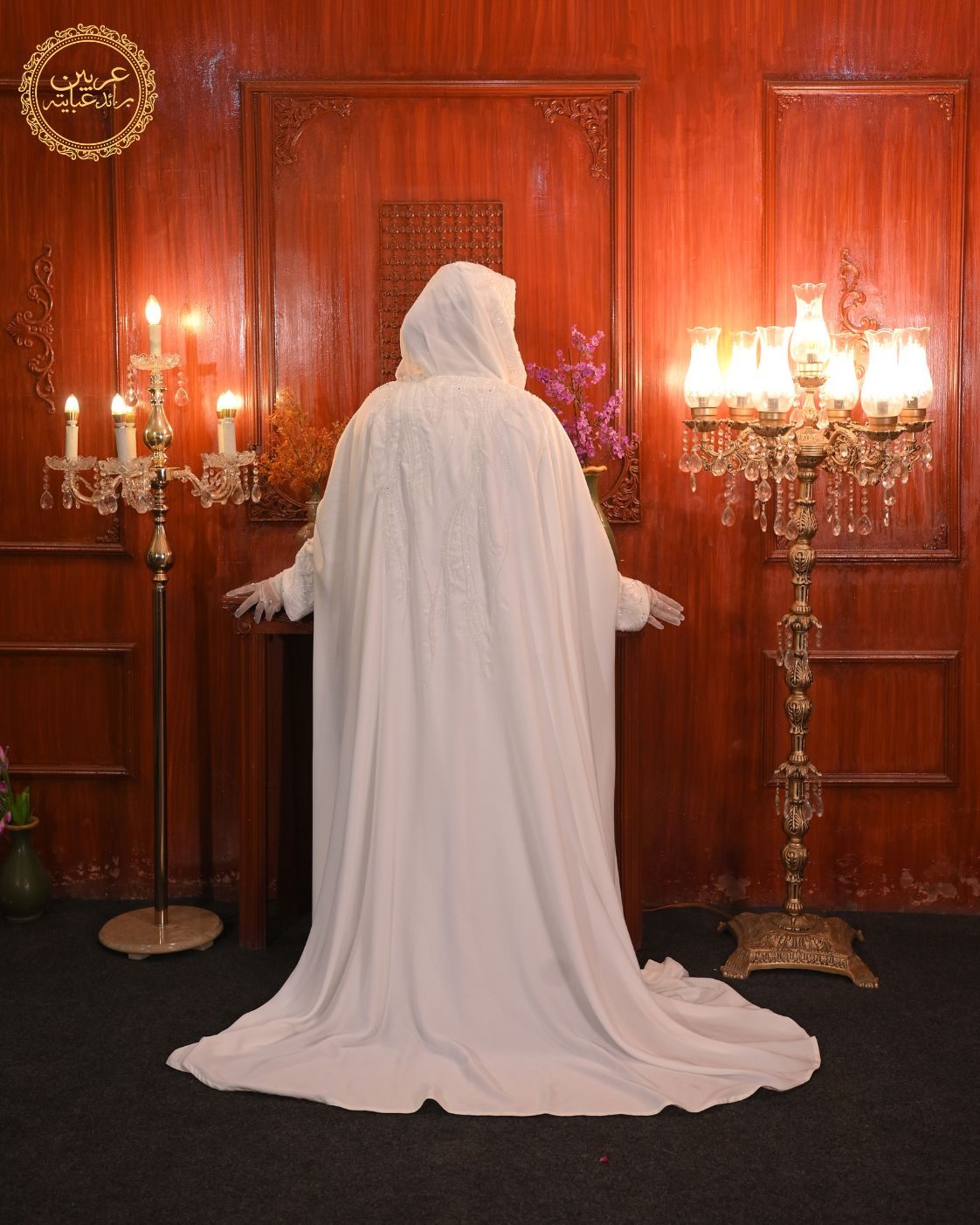 Sultana Al Noor White Korean Nida Crystal Handwork Abaya with Chiffon Hijab — view 7