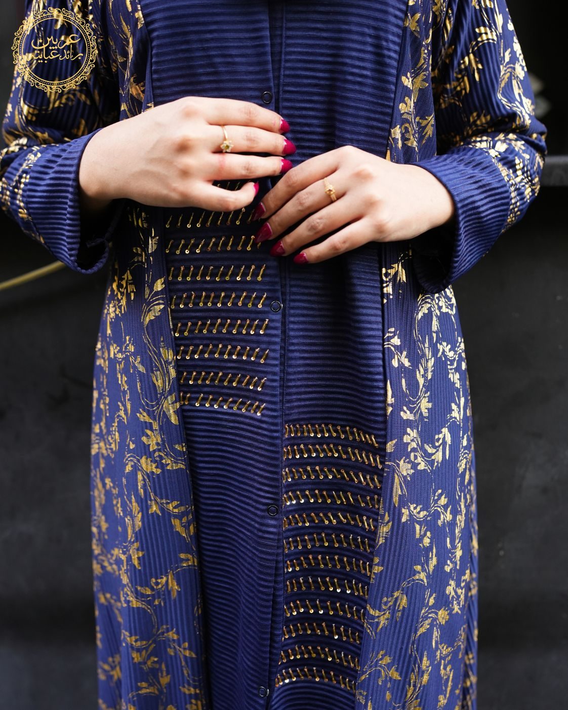 Malak Al-Samaa Luxury Abaya – Navy Blue Gold Crunch Design with Handmade Cut Work — view 4