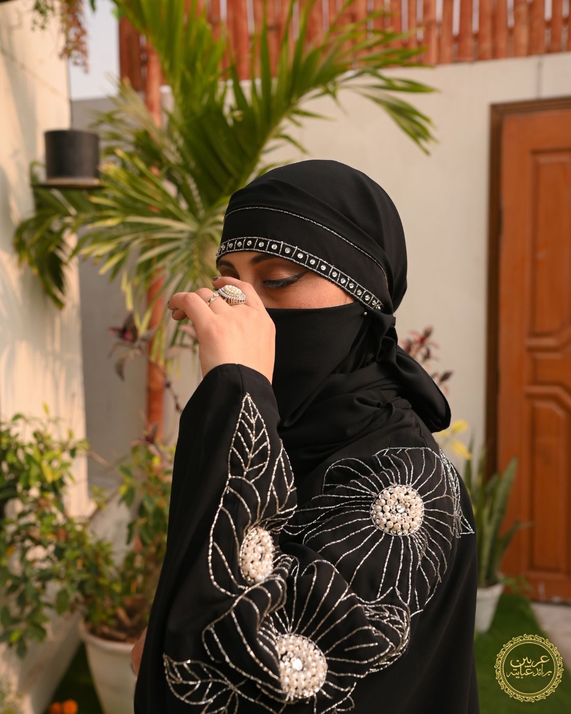 Zarqa Black Korean Nida Cutwork Handwork Abaya with Chiffon Hijab — view 4