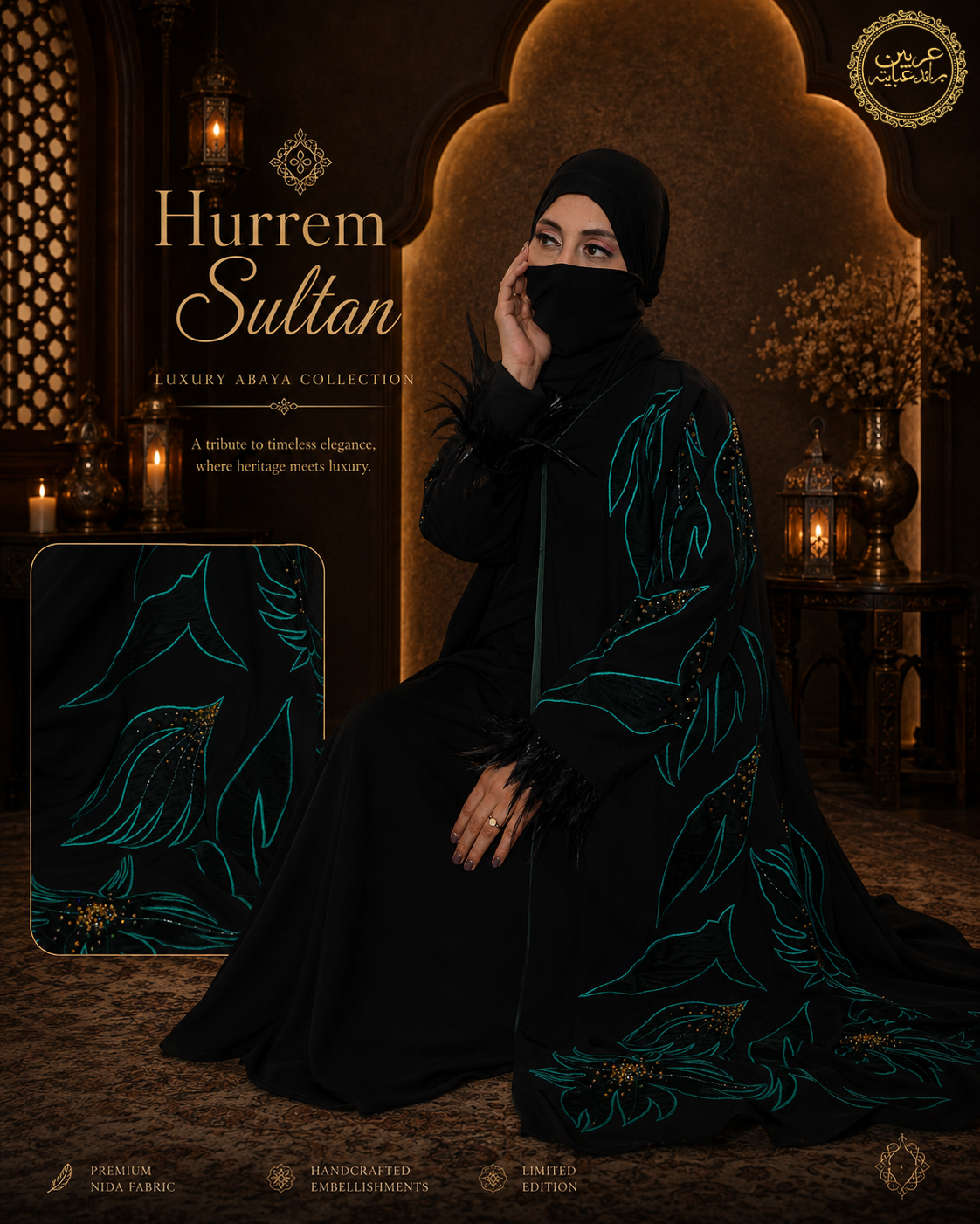 Hurrem Sultan Black Korean Velvet Embroidered Handwork Abaya