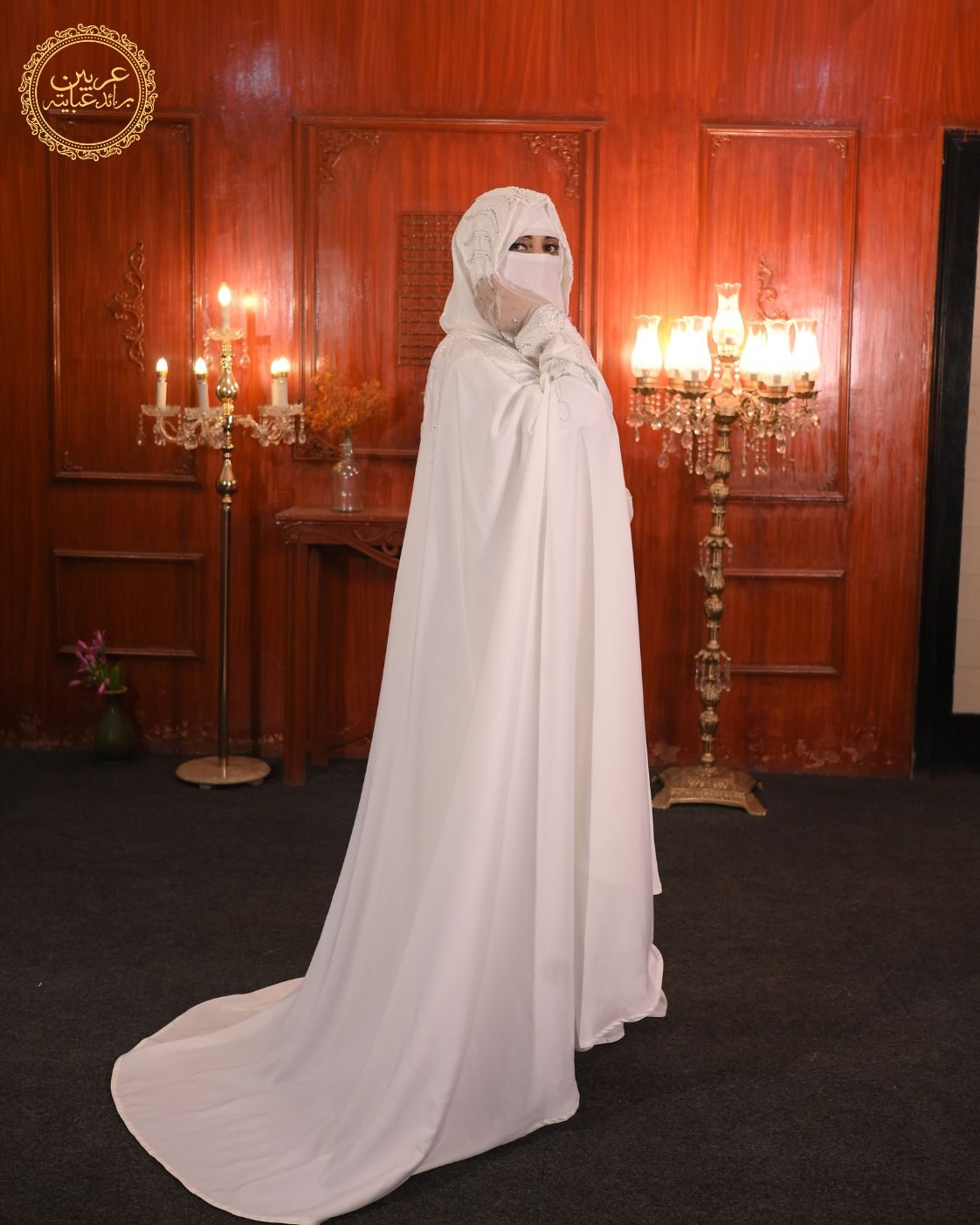Sultana Al Noor White Korean Nida Crystal Handwork Abaya with Chiffon Hijab — view 8