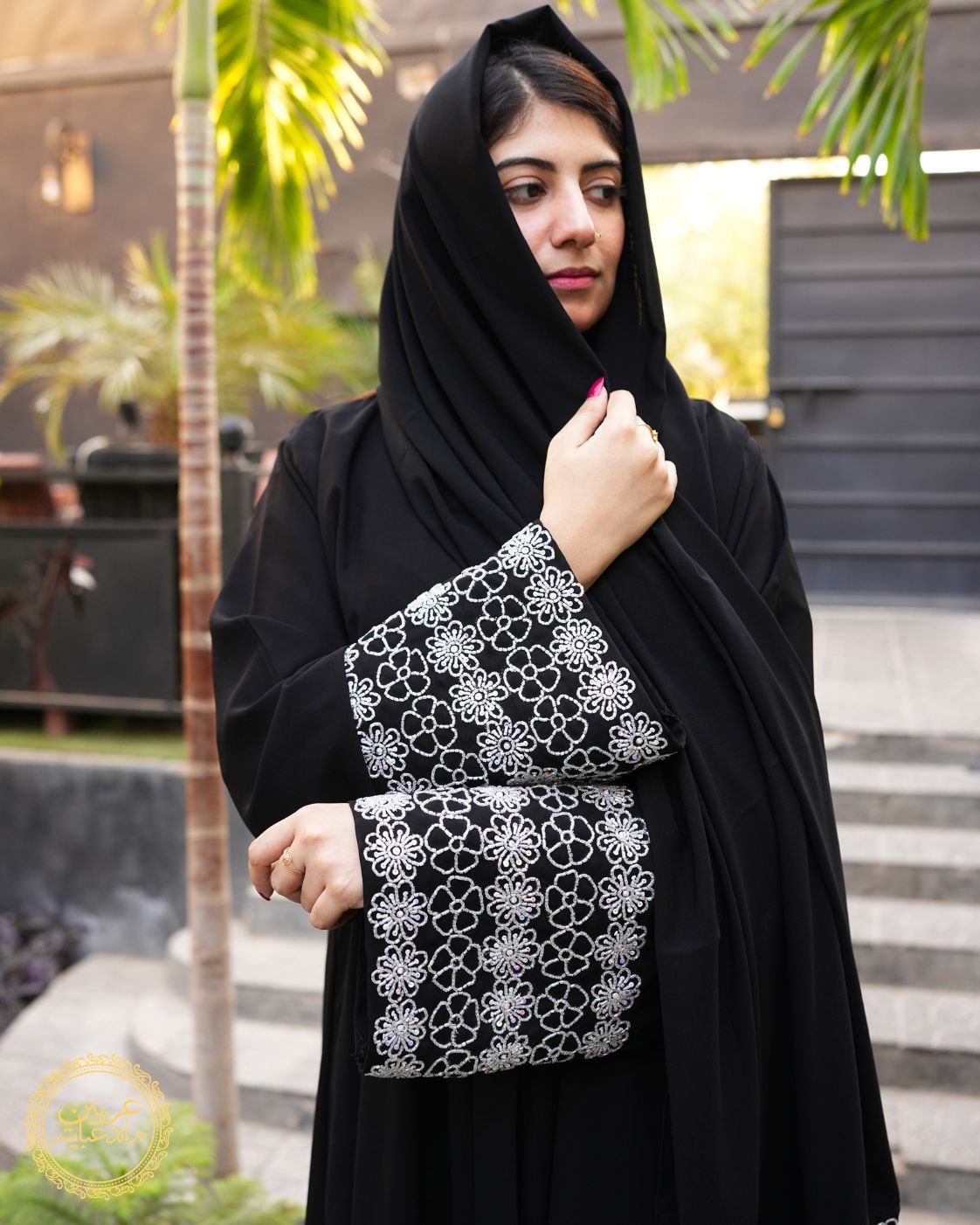 Rania Al-Aswad Luxury Abaya – Original NIDA Fabric with Handmade Cut Work & Black Chiffon Hijab — view 2
