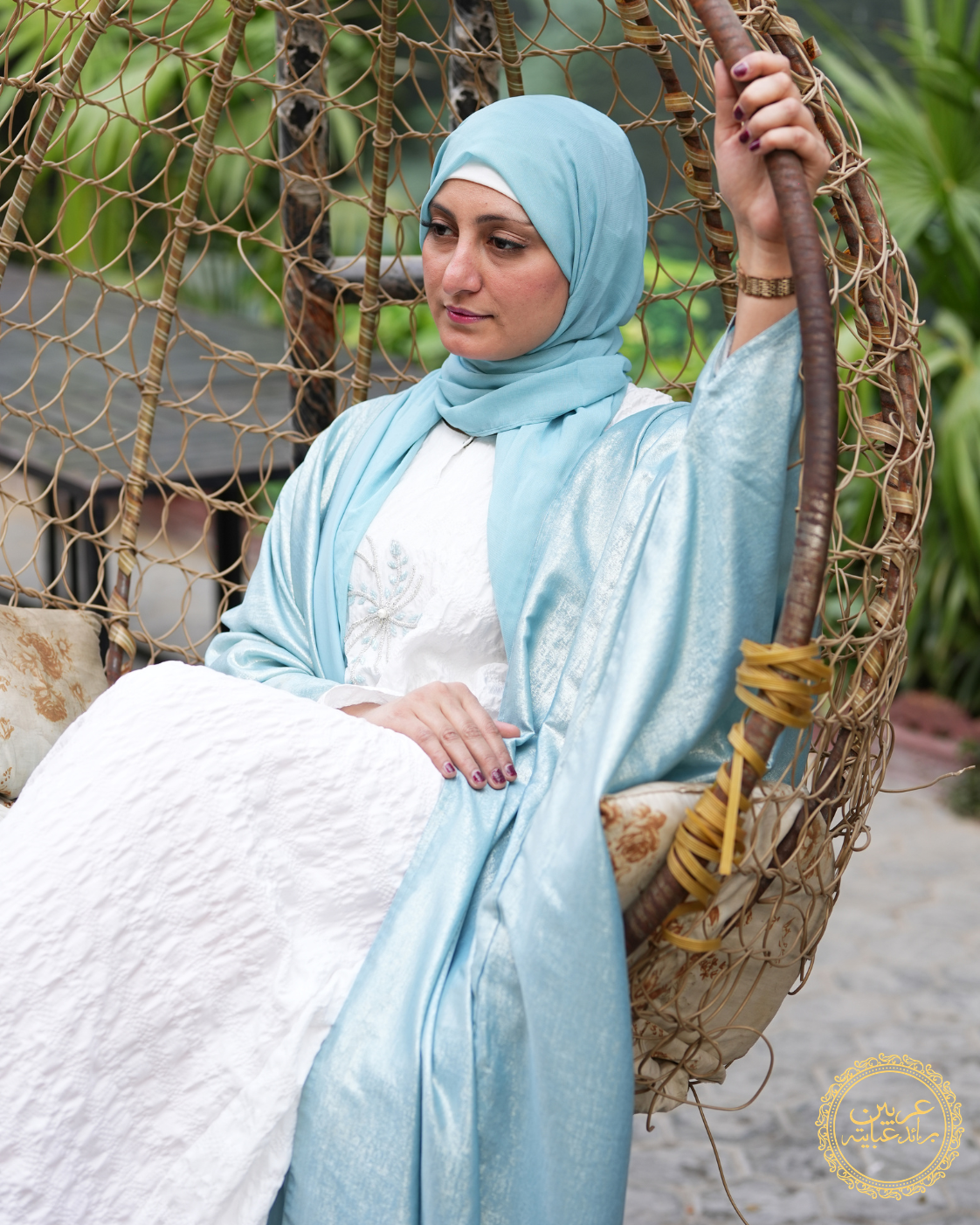 Noor Al-Bahar Luxury Abaya – Sky Blue Shimmer Top with White Crunch Inner — view 4