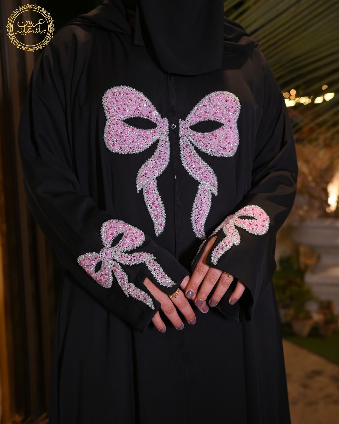 Ribaan Al-Layl Black Korean Nida Pink Crystal Handwork Abaya with Matching Hijab — view 6