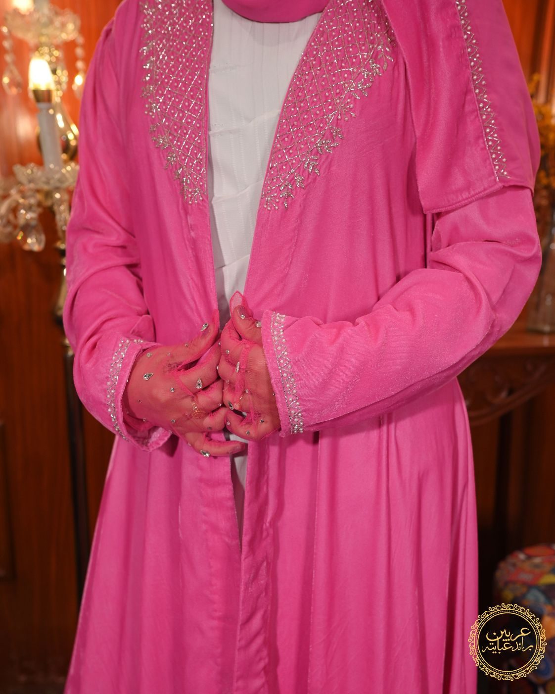 Velvet Layali White Korean Nida Crystal Handwork Abaya with Chiffon Hijab — view 6