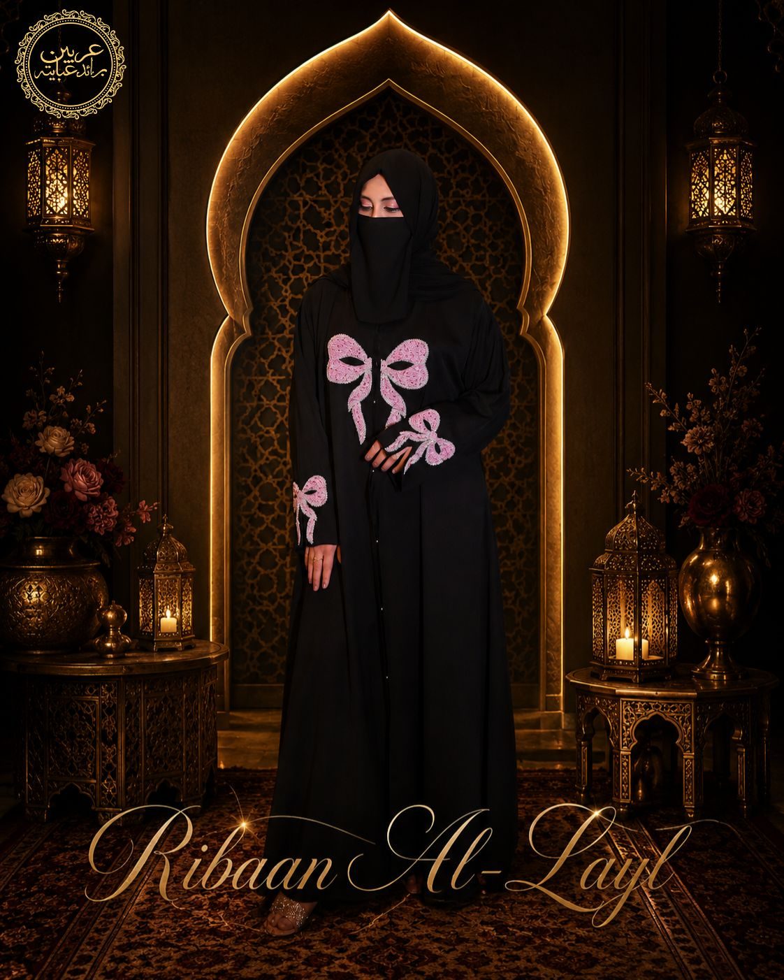 Ribaan Al-Layl Black Korean Nida Pink Crystal Handwork Abaya with Matching Hijab — Arabian Bride Abaya