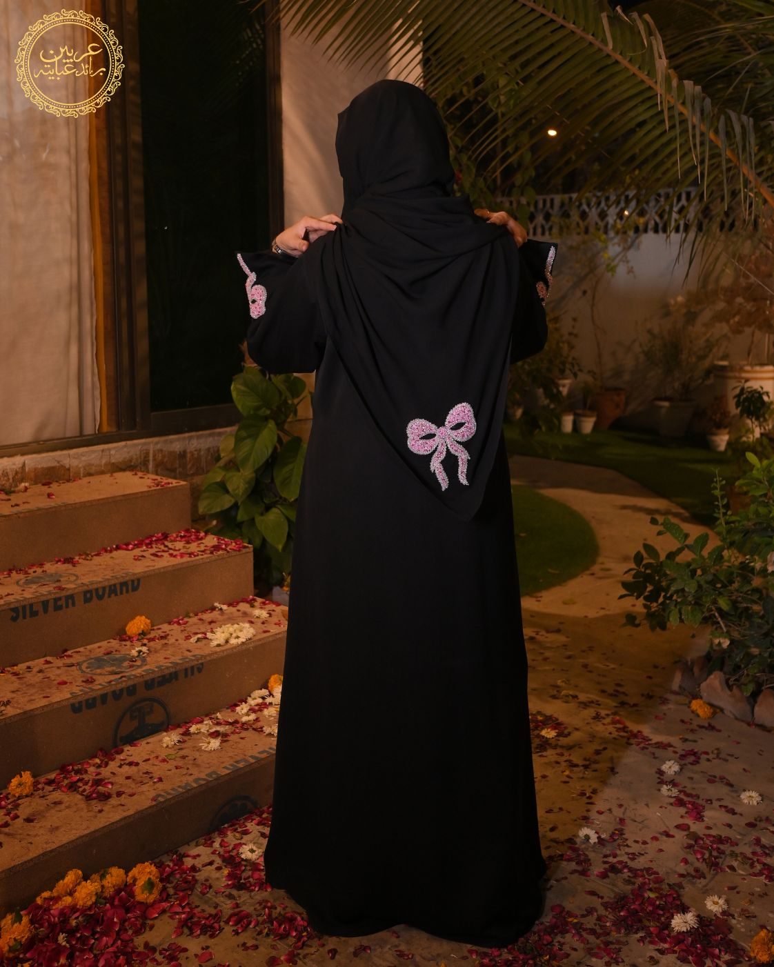 Ribaan Al-Layl Black Korean Nida Pink Crystal Handwork Abaya with Matching Hijab — view 7