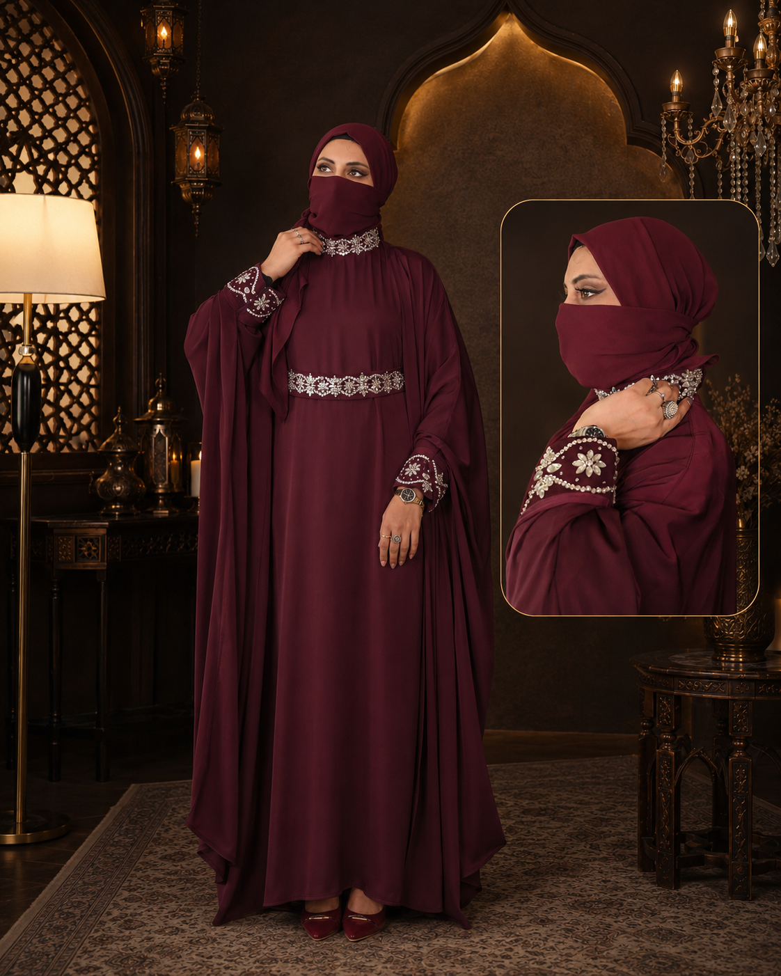 Laylat Ul Uroos Maroon TikTok Nida Stone Handwork Abaya — view 4