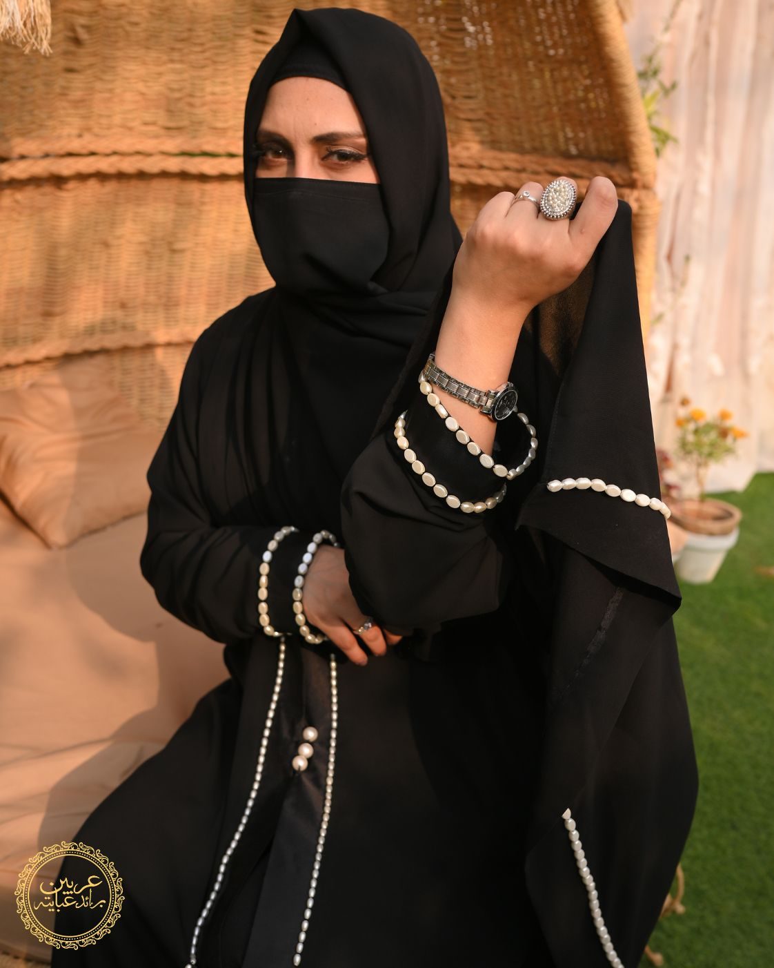 Luluat Al-Layl Black Korean Nida Pearl Handwork Abaya — view 3