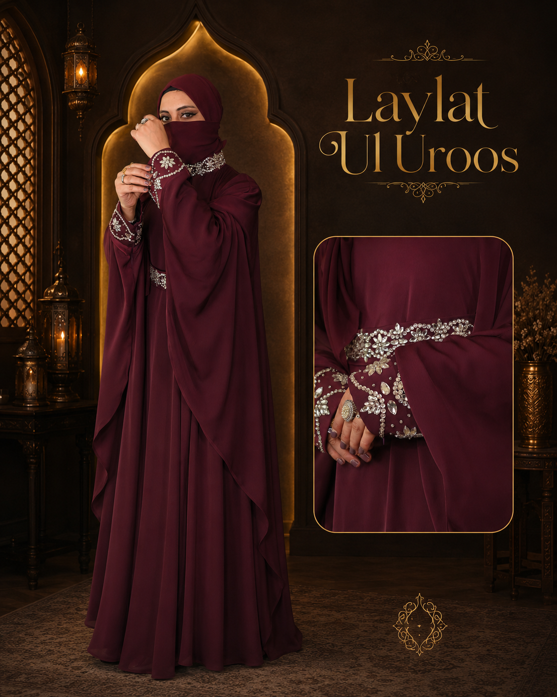 Laylat Ul Uroos Maroon TikTok Nida Stone Handwork Abaya — view 2