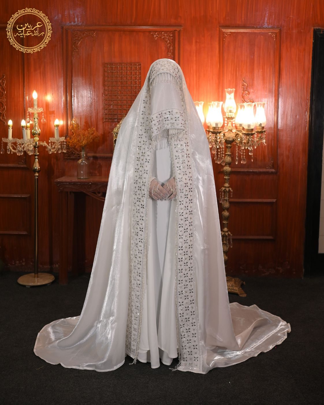 Sultana Al Noor White Korean Nida Crystal Handwork Abaya with Chiffon Hijab — view 2