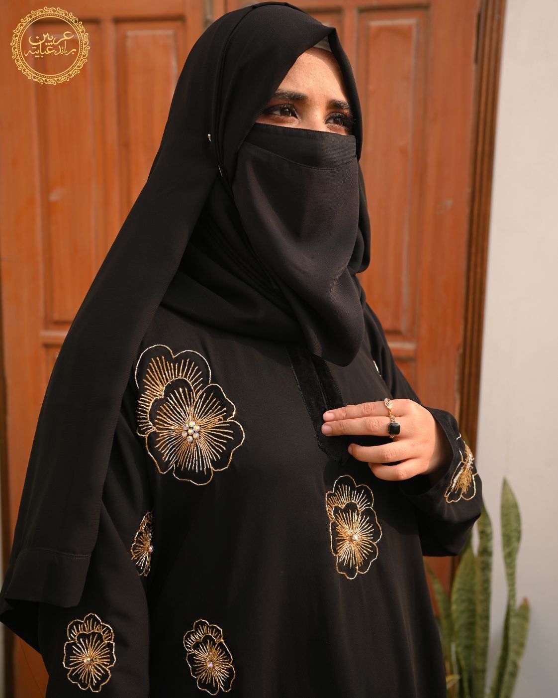 Zahrat Al-Dhahab Black Korean Nida Gold Handwork Abaya — view 6