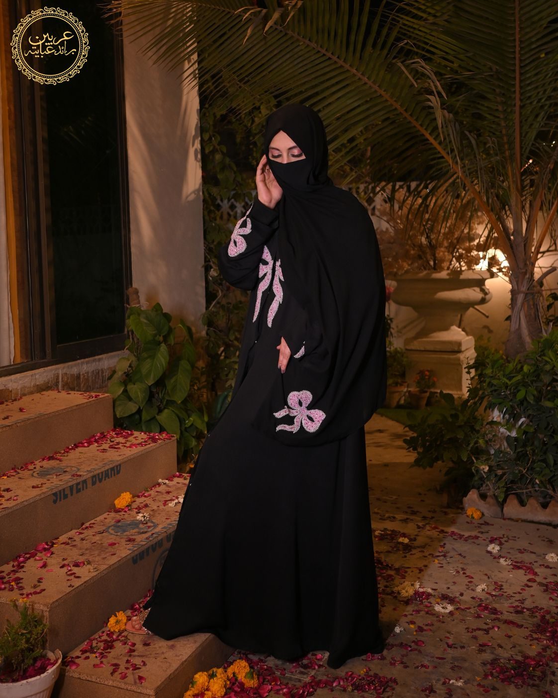 Ribaan Al-Layl Black Korean Nida Pink Crystal Handwork Abaya with Matching Hijab — view 3