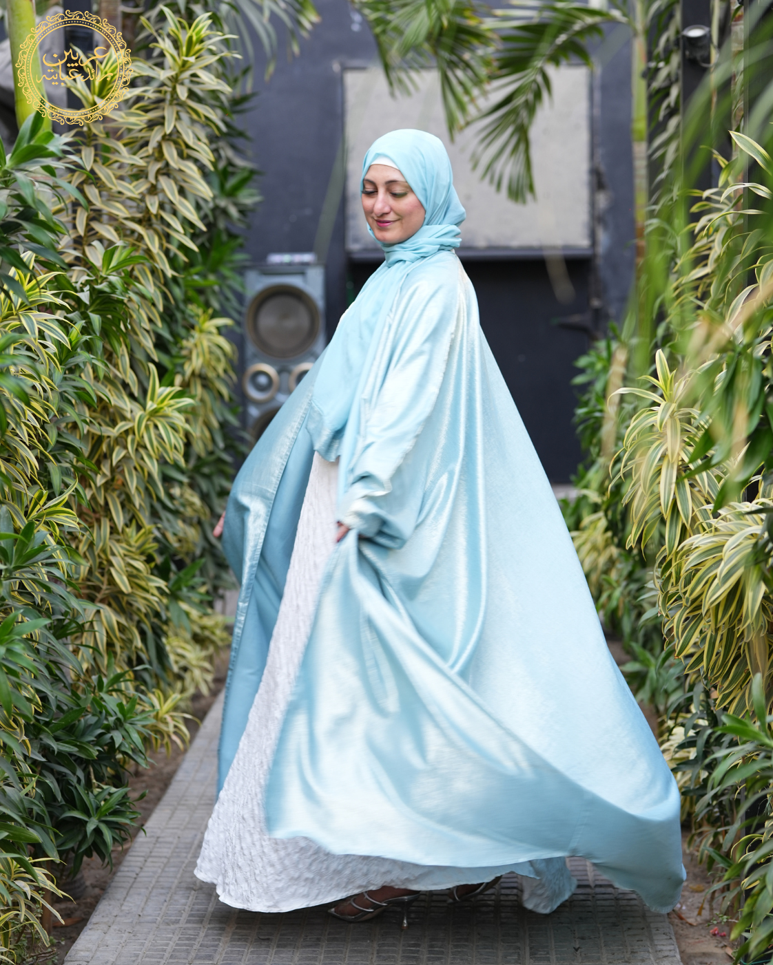 Noor Al-Bahar Luxury Abaya – Sky Blue Shimmer Top with White Crunch Inner — view 11