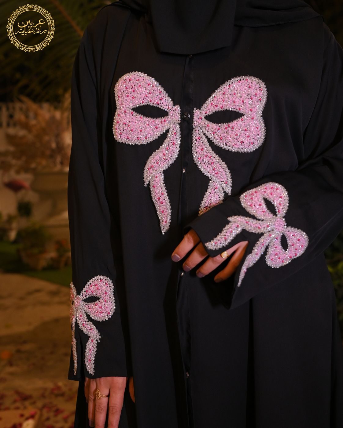 Ribaan Al-Layl Black Korean Nida Pink Crystal Handwork Abaya with Matching Hijab — view 4
