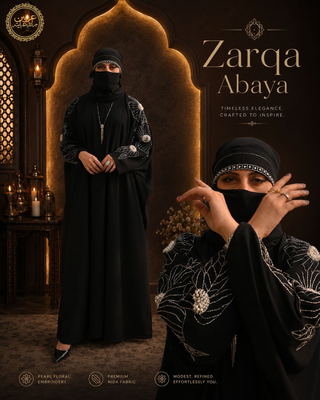 Zarqa Black Korean Nida Cutwork Handwork Abaya with Chiffon Hijab