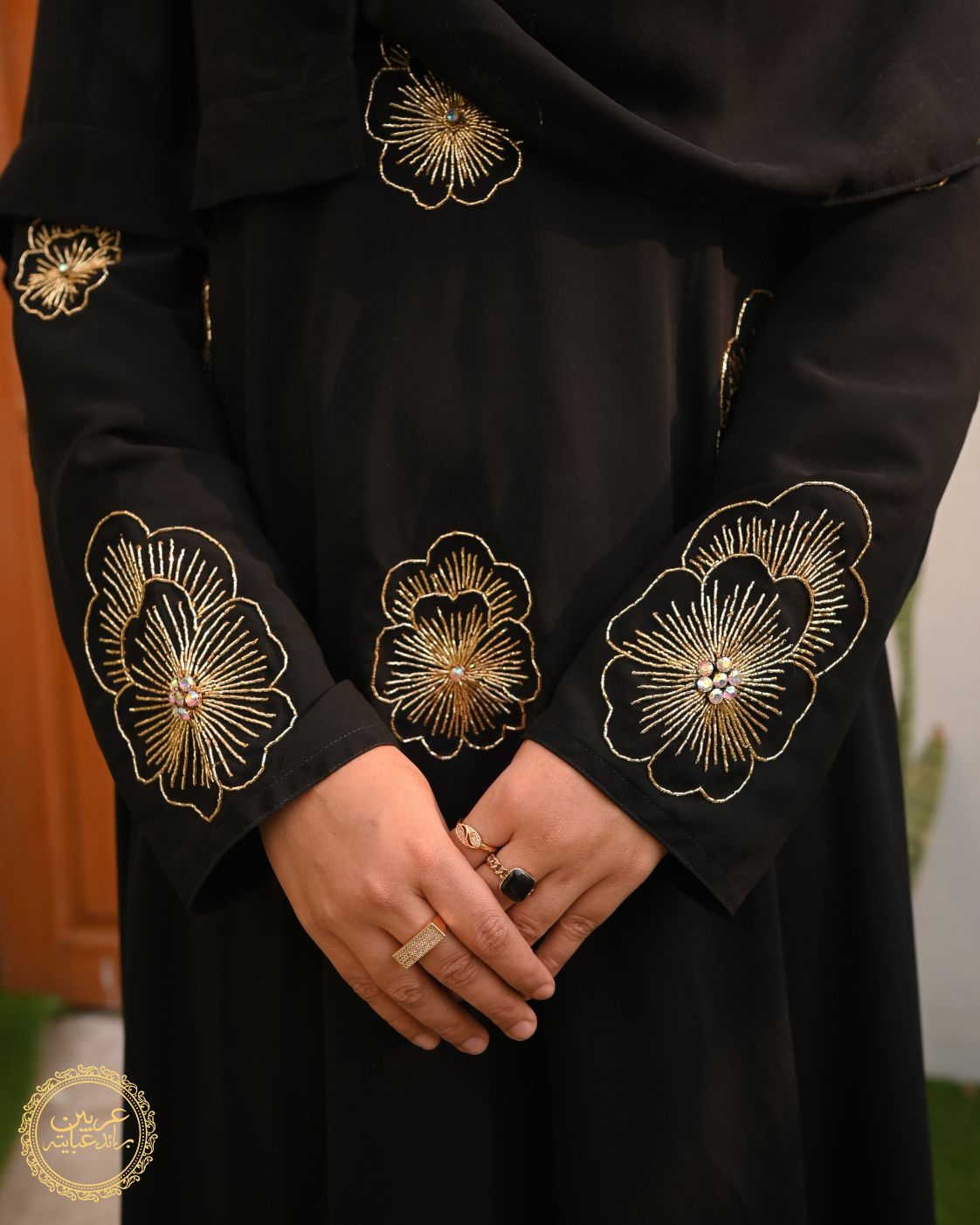 Zahrat Al-Dhahab Black Korean Nida Gold Handwork Abaya — view 5