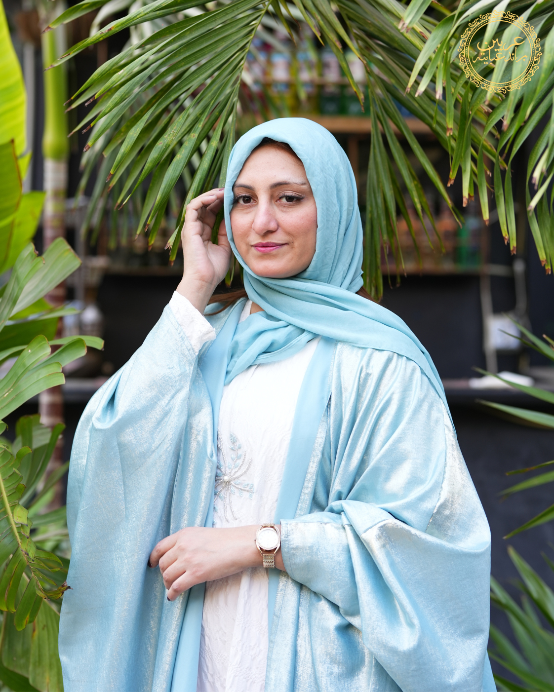 Noor Al-Bahar Luxury Abaya – Sky Blue Shimmer Top with White Crunch Inner — view 6