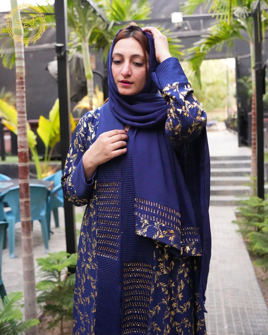 Malak Al-Samaa Luxury Abaya – Navy Blue Gold Crunch Design with Handmade Cut Work — view 2