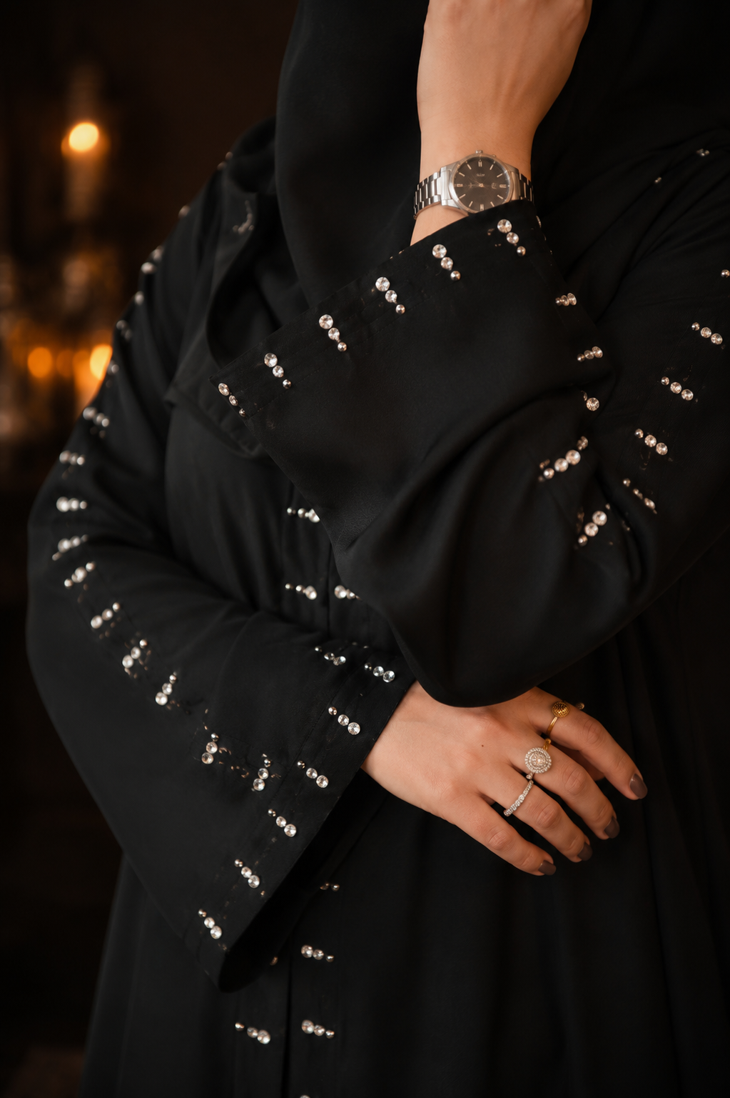 Najmat Al-Layl Black Korean Nida Stone Handwork Abaya — view 3